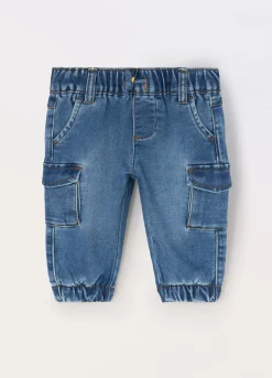 Blukids Pantaloni cargo in french terry denim neonato- Pantaloni
