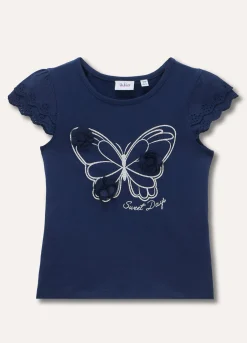 Blukids T-shirt in puro cotone con manica sangallo e applicazioni bambina- T-shirt
