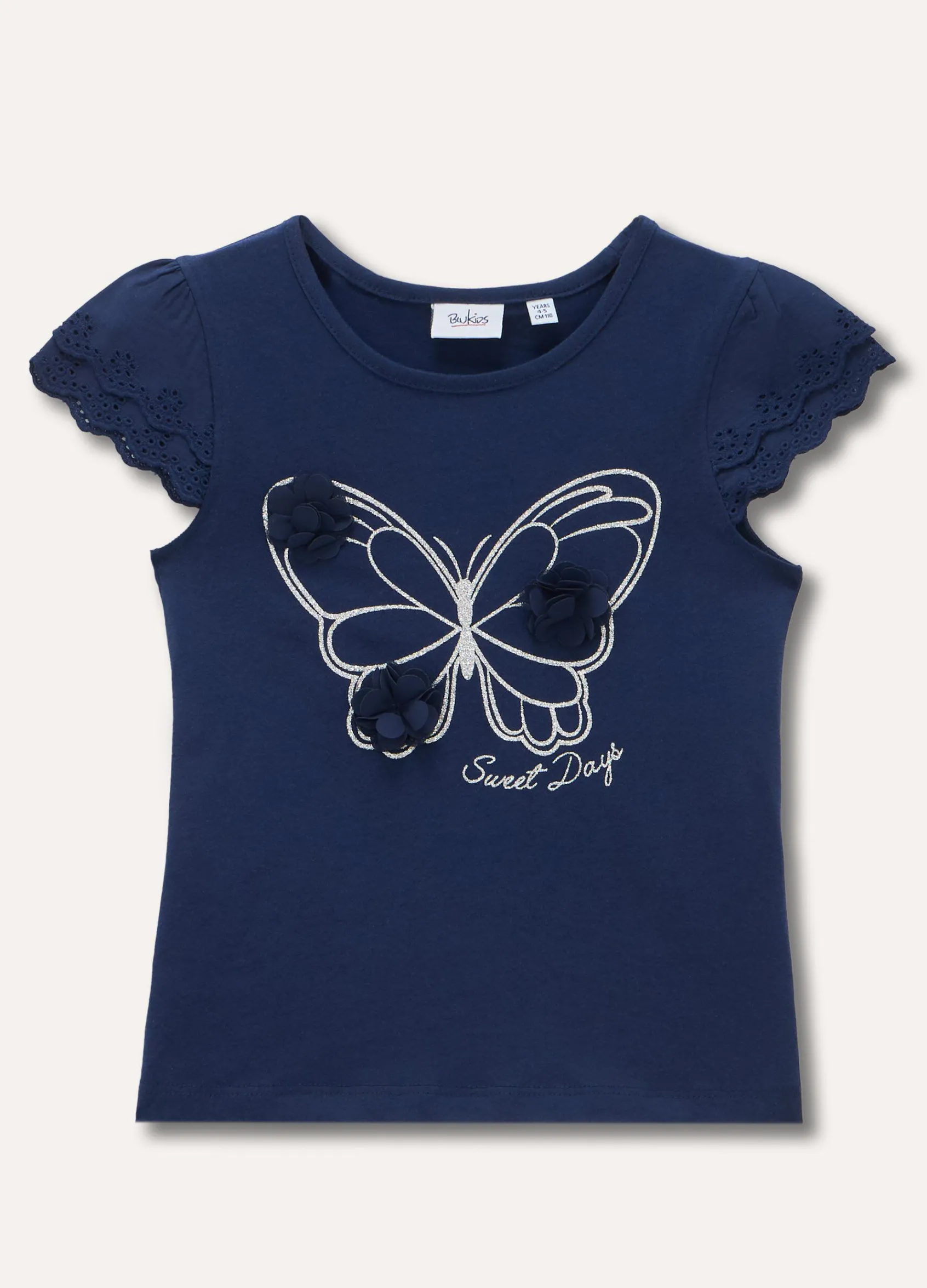 Blukids T-shirt in puro cotone con manica sangallo e applicazioni bambina- T-shirt